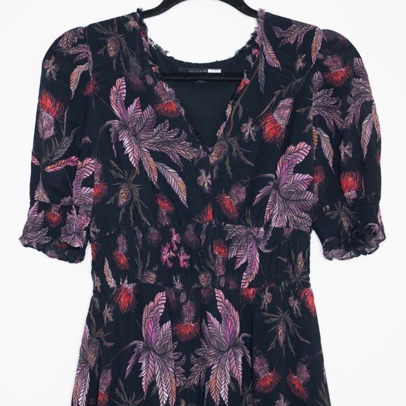 AllSaints Via Harris Mini Dress Black Floral Print Smocked Dark Romance SZ 6 - Picture 6 of 8
